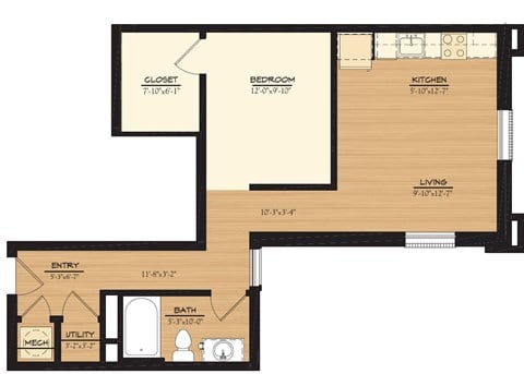Floor plan for 1 bed, 1 bath, 668 sqft
